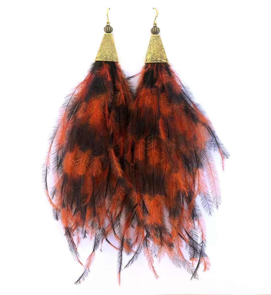 Ostrich Feather Earrings orange/black - MIMI SCHOLER